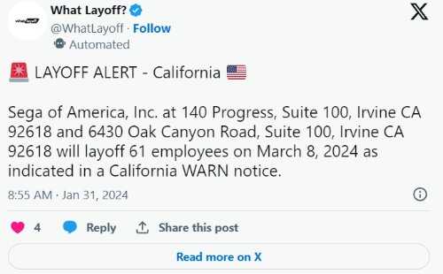 裁员潮继续:美国世嘉将裁员61人